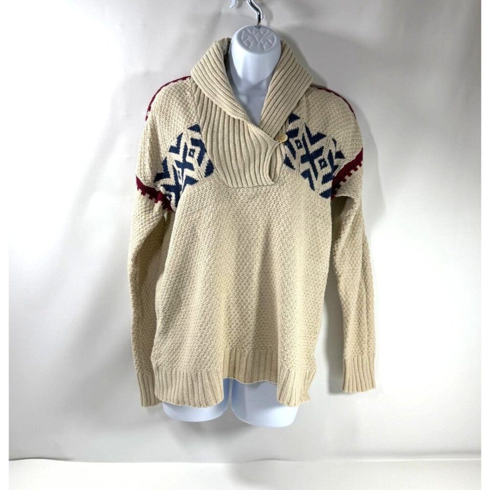 Chaps Womens Knit Sweater Beige Shawl Collar Nordic Cabincore Lodge Size Large L